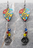 Music Notes and Treble Clef Guitar Pick Earrings with Stainless Steel Treble Clef Charms and Swarovski Crystal Dangles