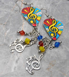 Music Notes and Treble Clef Guitar Pick Earrings with Stainless Steel Treble Clef Charms and Swarovski Crystal Dangles