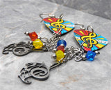 Music Notes and Treble Clef Guitar Pick Earrings with Stainless Steel Treble Clef Charms and Swarovski Crystal Dangles