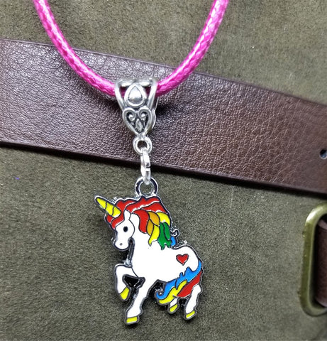 Unicorn Charm Necklace on a Hot Pink Rolled Cord