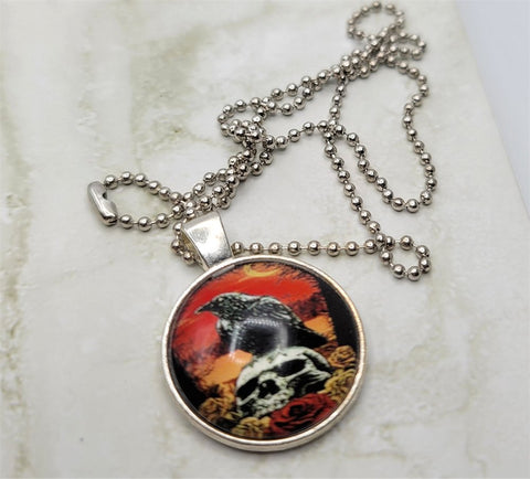 Raven and Skull Glass Dome Pendant Stainless Steel Ball Chain Necklace