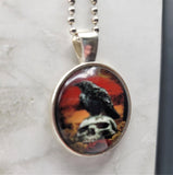 Raven and Skull Glass Dome Pendant Stainless Steel Ball Chain Necklace