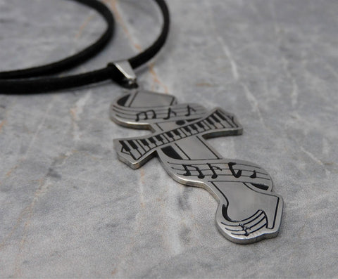 Sheet Music Cross Pendant Necklace with Black Suede Cord