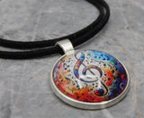 Colorful Treble Clef Dome Pendant with Black Suede Cord