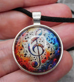 Colorful Treble Clef Dome Pendant with Black Suede Cord