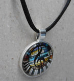 Treble Clef and Piano Keys Dome Pendant Necklace with Black Suede Cord