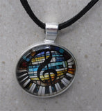 Treble Clef and Piano Keys Dome Pendant Necklace with Black Suede Cord