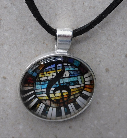 Treble Clef and Piano Keys Dome Pendant Necklace with Black Suede Cord