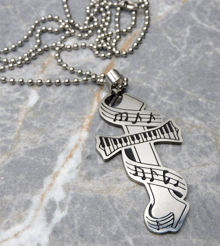 Music Cross Pendant with Stainless Steel Ball Chain Necklace