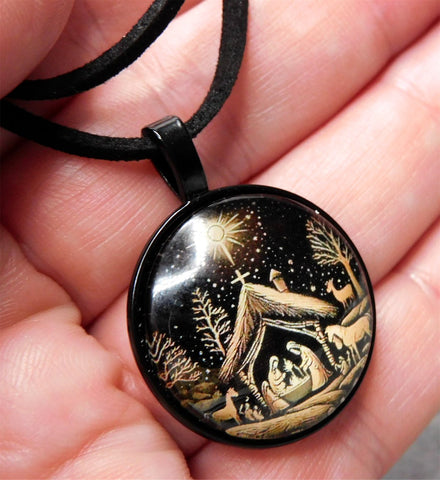 Nativity Scene Glass Dome Pendant Necklace with Black Sueded Cord