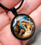 Mary, Joseph and Baby Jesus Glass Dome Pendant Necklace with Black Sueded Cord