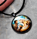Mary, Joseph and Baby Jesus Glass Dome Pendant Necklace with Black Sueded Cord