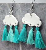 Matte Clouds Polymer Clay Post Earrings with Turquoise Colored Tassels