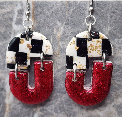 Broken Oval Checkered and Red Glitter Polymer Clay Earrings