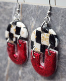 Broken Oval Checkered and Red Glitter Polymer Clay Earrings