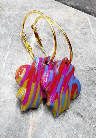 Large Colorful Polymer Clay Pieces on Gold Hoop Earrings