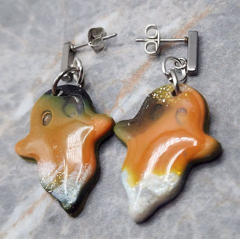 Orange, Silver and Black Polymer Clay Ghost Post Earrings