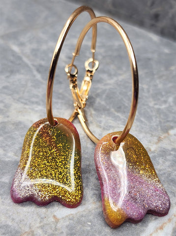 Shimmering and Marbled Polymer Clay Ghost Earrings on Gold Hoops