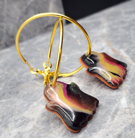Shimmering Multicolor Polymer Clay Ghost Earrings on Gold Hoops