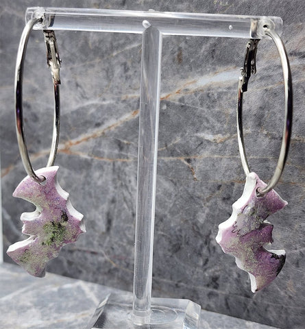 Halloween Themed Shimmering Polymer Clay Bat Earrings on Silver Hoops