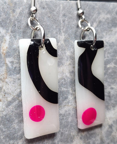 Rectangular White Black and Pink Polymer Clay Earrings