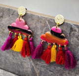 Magenta, Orange and Black Clouds Polymer Clay Post Earrings with Colored Tassels