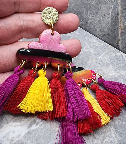 Magenta, Orange and Black Clouds Polymer Clay Post Earrings with Colored Tassels