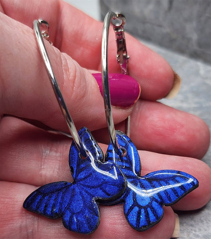 Shimmering Cobalt Blue Polymer Clay Butterfly Earrings on Silver Hoops