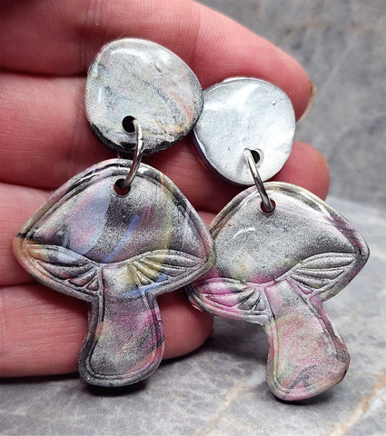 Large Shimmering Silver Mushroom Polymer Clay Post Earrings