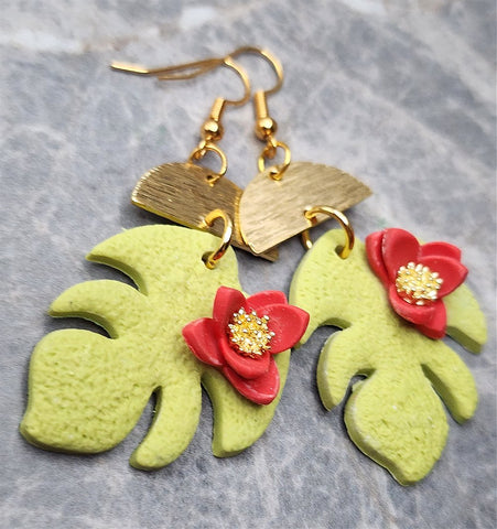 Monstera with Coral Colored Tropical Flower Polymer Clay Earrings