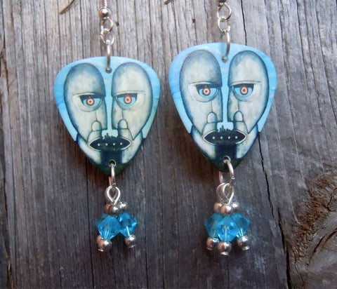 Pink Floyd Division Bell Guitar Pick Earrings with Aqua Blue Swarovski Crystal Dangles