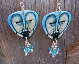 Pink Floyd Division Bell Guitar Pick Earrings with Aqua Blue Swarovski Crystal Dangles