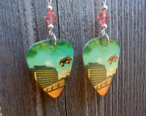 Pink Floyd Animals Guitar Pick Earrings with Pink Swarovski Crystals
