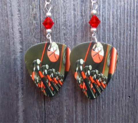 Pink Floyd The Wall Artwork Guitar Pick Earrings with Red Swarovski Crystals