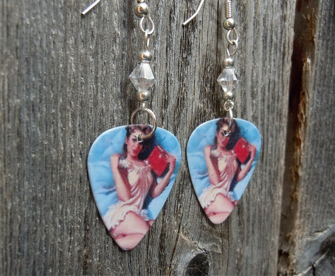 Pin Up Girl in Pink Babydoll Nightgown Guitar Pick Earrings with Clear Crystals