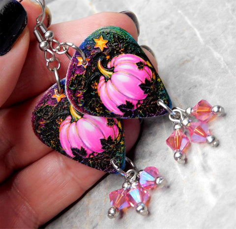 Beautiful Pink Pumpkin Guitar Pick Earrings with Rose ABx2 Swarovski Crystal Dangles