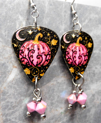 Beautiful Pink Pumpkin Guitar Pick Earrings with Pink AB Swarovski Crystal Dangles