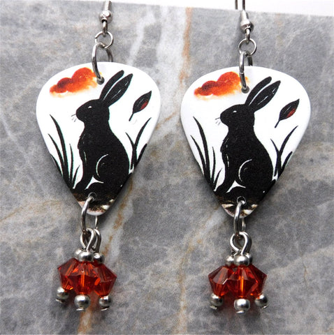 Rabbit Guitar Pick Earrings with Indian Red Swarovski Crystal Dangles