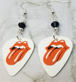 Rolling Stones Emblem White Guitar Pick Earrings with Black Swarovski Crystals