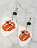 Rolling Stones Emblem White Guitar Pick Earrings with Black Swarovski Crystals