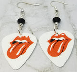 Rolling Stones Emblem White Guitar Pick Earrings with Black Swarovski Crystals