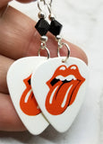 Rolling Stones Emblem White Guitar Pick Earrings with Black Swarovski Crystals