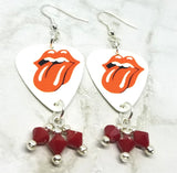 Rolling Stones Guitar Pick Earrings with Opaque Red Swarovski Crystal Dangles