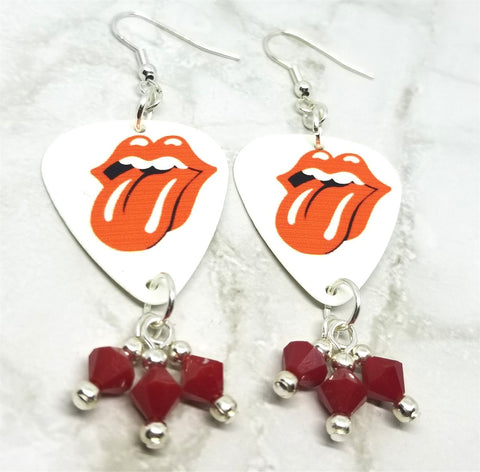 Rolling Stones Guitar Pick Earrings with Opaque Red Swarovski Crystal Dangles