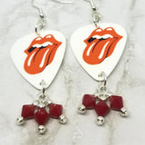 Rolling Stones Guitar Pick Earrings with Opaque Red Swarovski Crystal Dangles