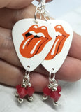 Rolling Stones Guitar Pick Earrings with Opaque Red Swarovski Crystal Dangles