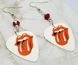 Rolling Stones Emblem White Guitar Pick Earrings with Opaque Red Swarovski Crystals