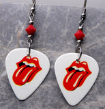 Rolling Stones Emblem White Guitar Pick Earrings with Opaque Red Swarovski Crystals