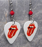 Rolling Stones Emblem White Guitar Pick Earrings with Opaque Red Swarovski Crystals