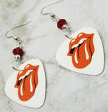 Rolling Stones Emblem White Guitar Pick Earrings with Opaque Red Swarovski Crystals